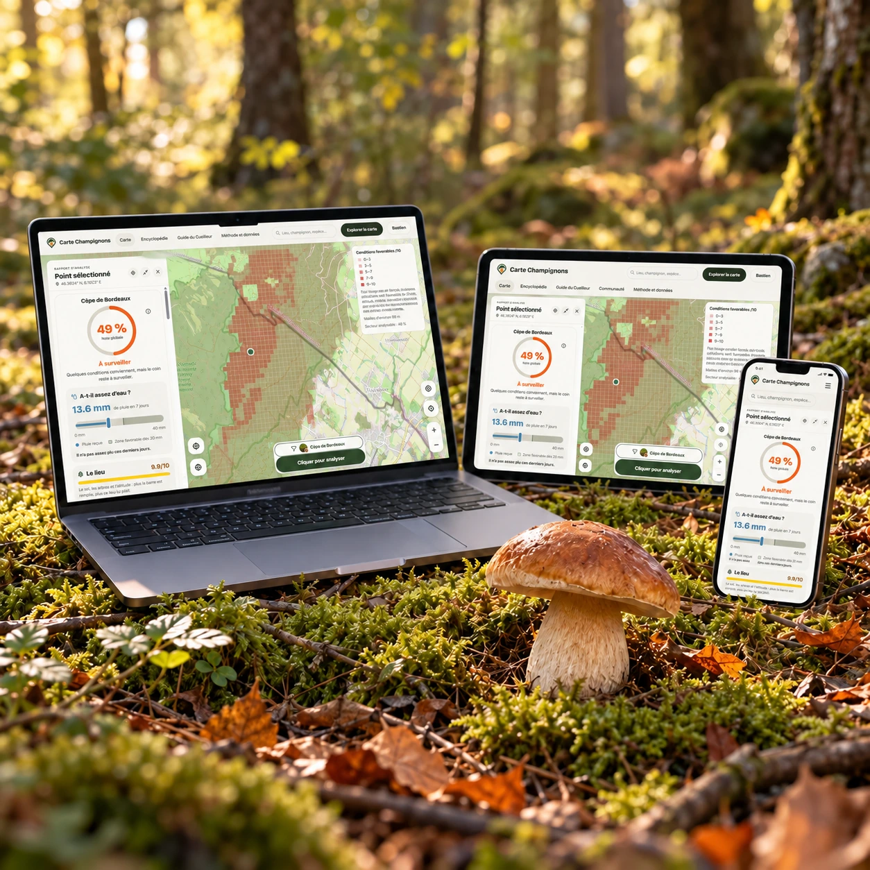 Ordinateur, tablette et téléphone affichant Carte Champignons dans une forêt, avec un cèpe au premier plan.